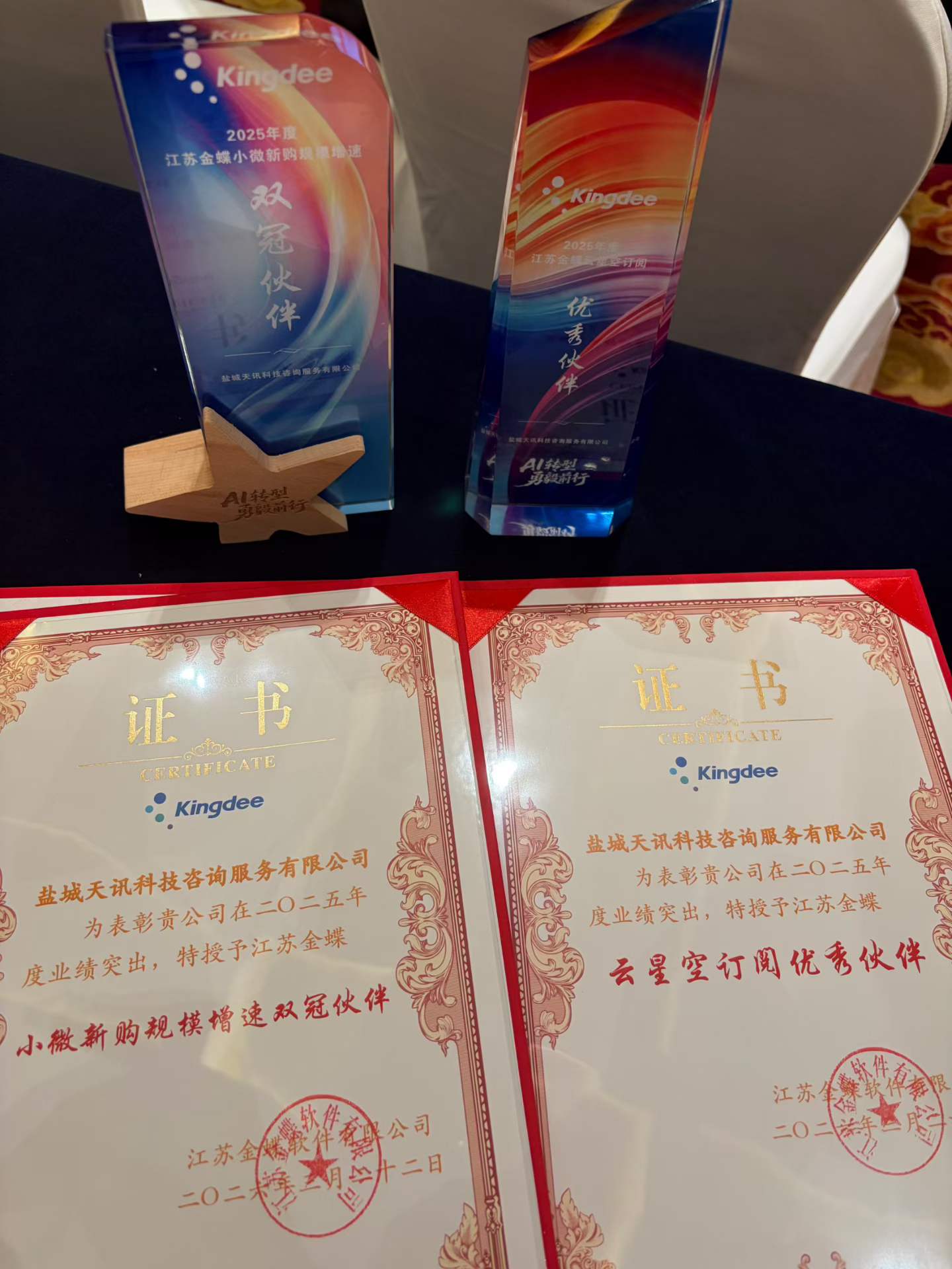 盐城天讯科技2025年度金蝶优秀伙伴荣誉与证书